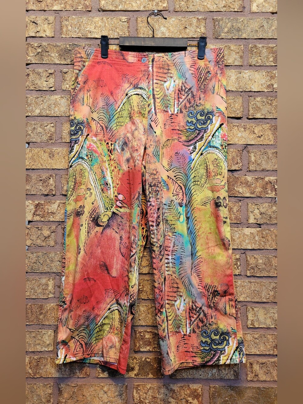 Chico's Abstract Cropped Wide-Leg Pants Size 2 Large Artsy Bold Boho Stretch